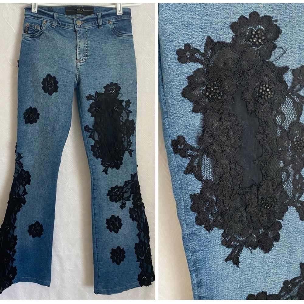 Women’s Blue Flare Jeans with Black Lace Appliqué